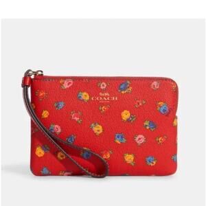 COACH Corner Red Zip Wristlet With Floral Print